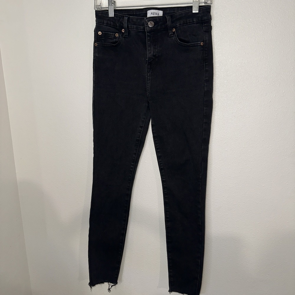 Pistola Size 27 Aline High Rise Skinny Ankle Jeans Black Cotton Stretch Raw Hem
